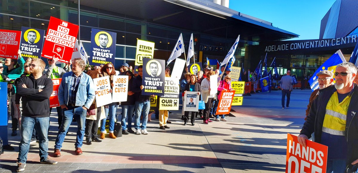 SAUnions's tweet photo. Hundreds of extras at the SA Liberal AGM with 2 messages for @marshall_steven we hate your plans to privatise our trams and trains and you need to show some guts and stick up for our sub jobs. #dontsinkoursubs #sanotforsale #unionsaustralia #saparli https://t.co/ntXxHwUE6X