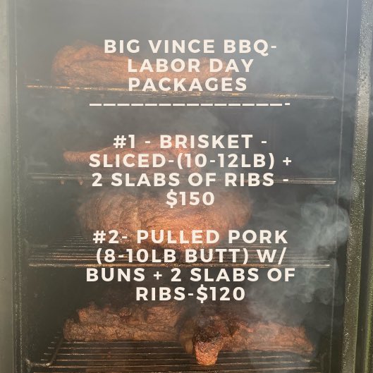 vinwade691's tweet photo. Labor Day, a 3-day weekend is right around the corner. If you’re planning a get together for the holiday weekend, stay “labor-free” and allow BigVince BBQ to supply your BBQ needs for Labor Day . #NoSauceNeeded  Will deliver @ no cost Place orders by 8/29/19....text 512-786-0630 https://t.co/5fpoaaeUp6