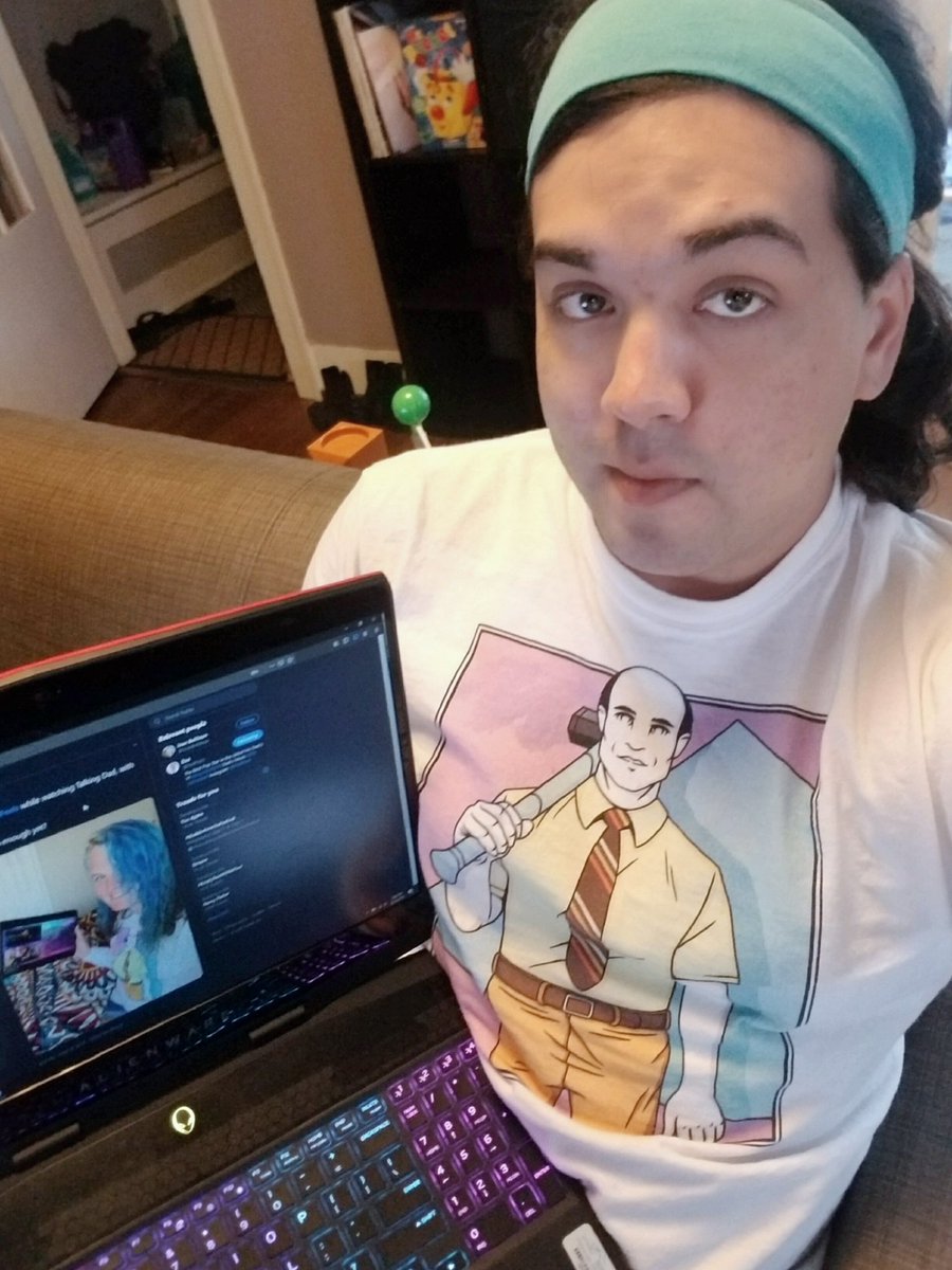 tacolamp's tweet photo. @JoanBohlman @DadFeels Me in my @DadFeels shirt, watching you watching Talking Dad in your Dad shirt. #dadception https://t.co/gquOiYJiYY