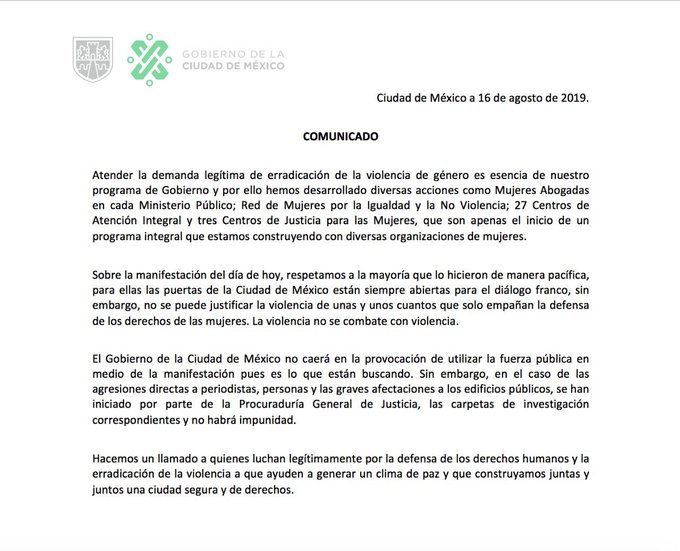 Comunicado de la Dra. Seinbaum sobre la marcha feminista.