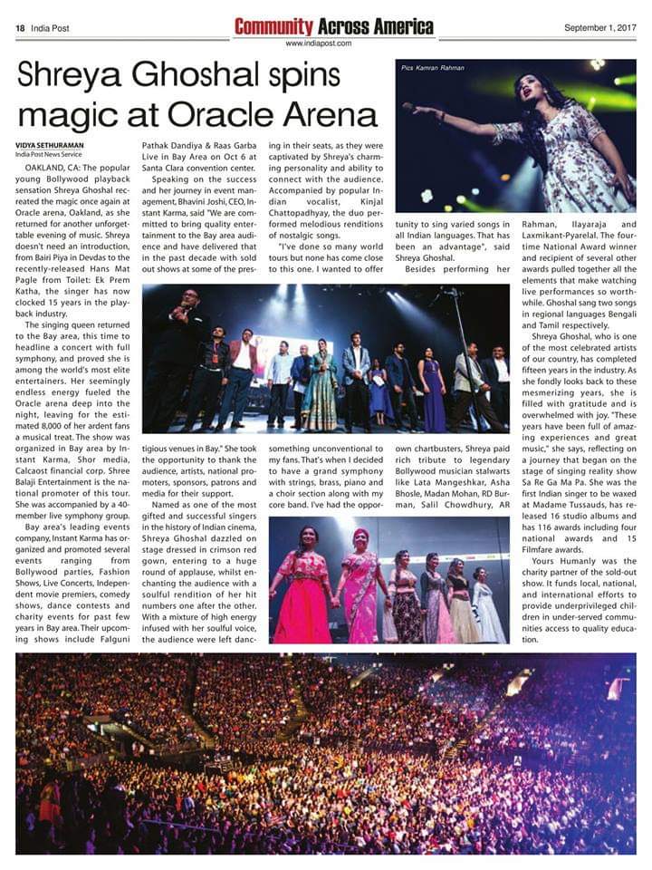 SonaSsg's tweet image. *SPECTACULAR ARTICLE FROM SYMPHONY TOUR2017*
@shreyaghoshal spins magic at #OracleArena in front of packed audience🔥.
The Queen gifted an elite entertainment site to the music lovers in USA &amp;amp; She&apos;s the 1st playback singer on Bollywood whom performance created dimension there.