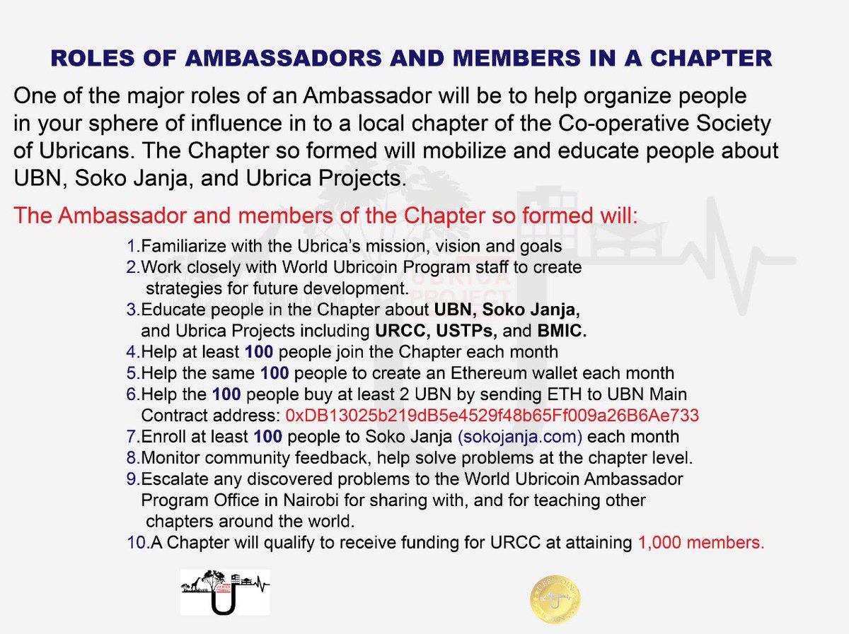 _Poet_Carols's tweet photo. Roles of Ambassadors and Members in a Chapter 

One of the major roles of an Ambassador will be to help organize people in your sphere of influence in to a local chapter of the Co-operative Society of Ubricans. @acmk_ke @Deimlar_ @PolicyCenterNS @cz_binance @yesmagazine https://t.co/QUcGsyqk1p