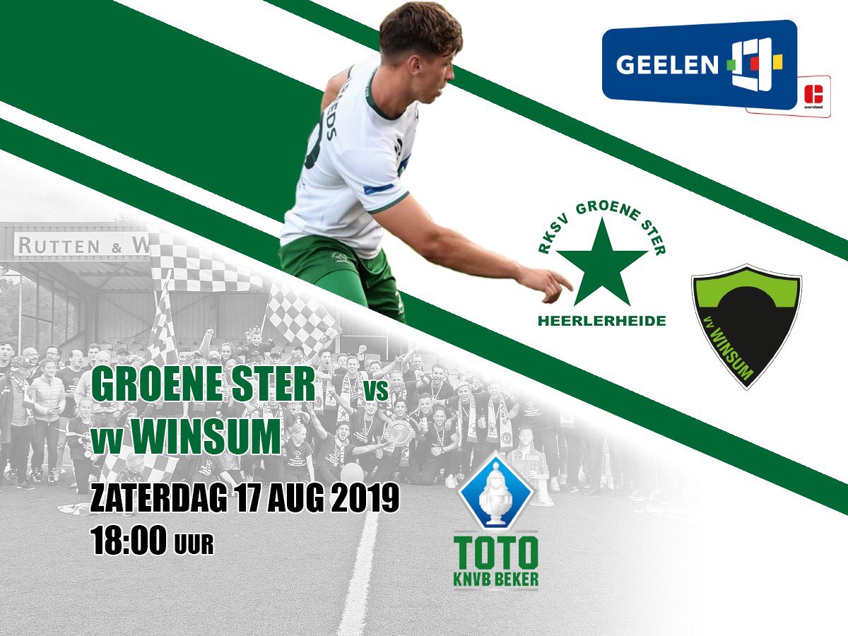 rksvGroeneSter's tweet photo. 🔥 M A T C H D A Y! Seizoen 2019-2020 gaat officieel van start:
⚽️ Groene Ster - @vvwinsum 
🏆 TOTO KNVB beker 1e voorronde
🕕 Aftrap: 18.00 uur
🏟 Sportpark Pronsebroek
📌 Heerlerheide

📝 Voorbeschouwing ➡️ https://t.co/hfJOgiPCfF

Be there! 
#cupfighters #totoknvbbeker #growin https://t.co/Q39vfqudp3