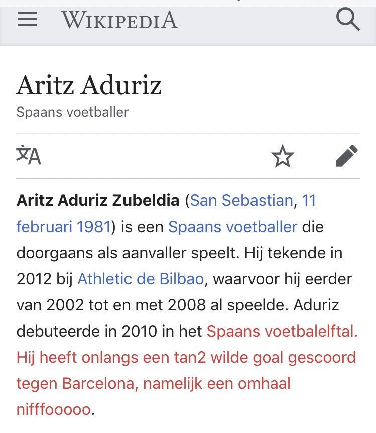 De Wikipedia-pagina van Aduriz heeft sinds gisteren wat veranderingen ondergaan... 😂