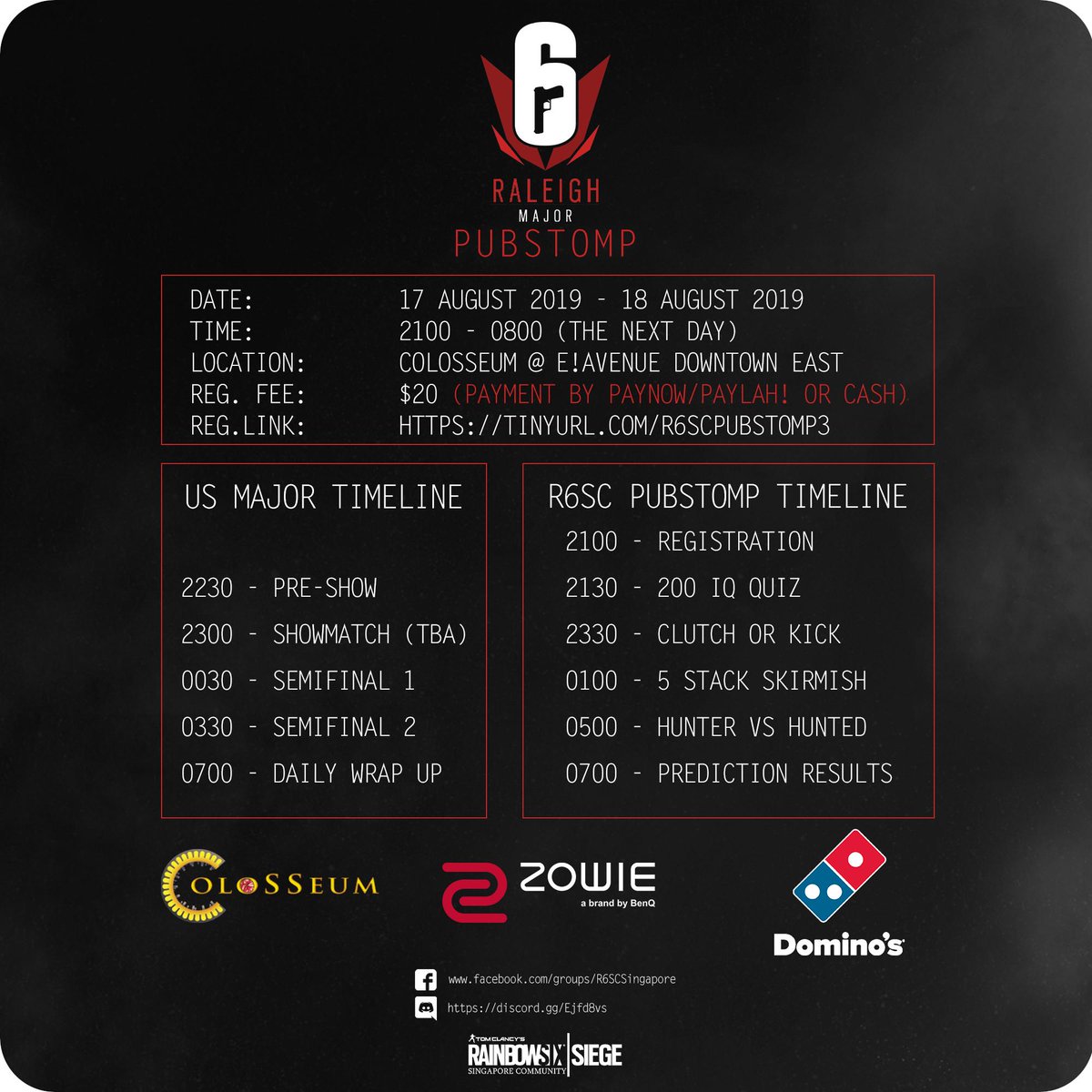 R6SC_SG's tweet photo. 📯 REMINDER! Tonight's the Pubstomp! Kindly refer to the schedule attached and not be late!
#R6SC #Colosseum @ZOWIEbyBenQ @DominosSG https://t.co/Q4vqFjovPz