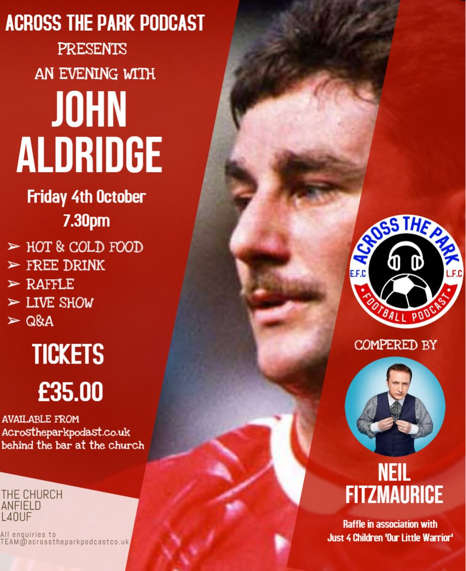 acrosstheparkpc's tweet photo. Reds...

You asked for it...

So here it is!

We are DELIGHTED to announce Across The Park LIVE with the legendary @Realaldo474 compered by the hilarious @Fitzyfella in the shadows of Anfield @churchanfield on 4/10!

Tickets out NOW! @ https://t.co/KWD8U7TOlE

See you there! https://t.co/42WVSGjSfP