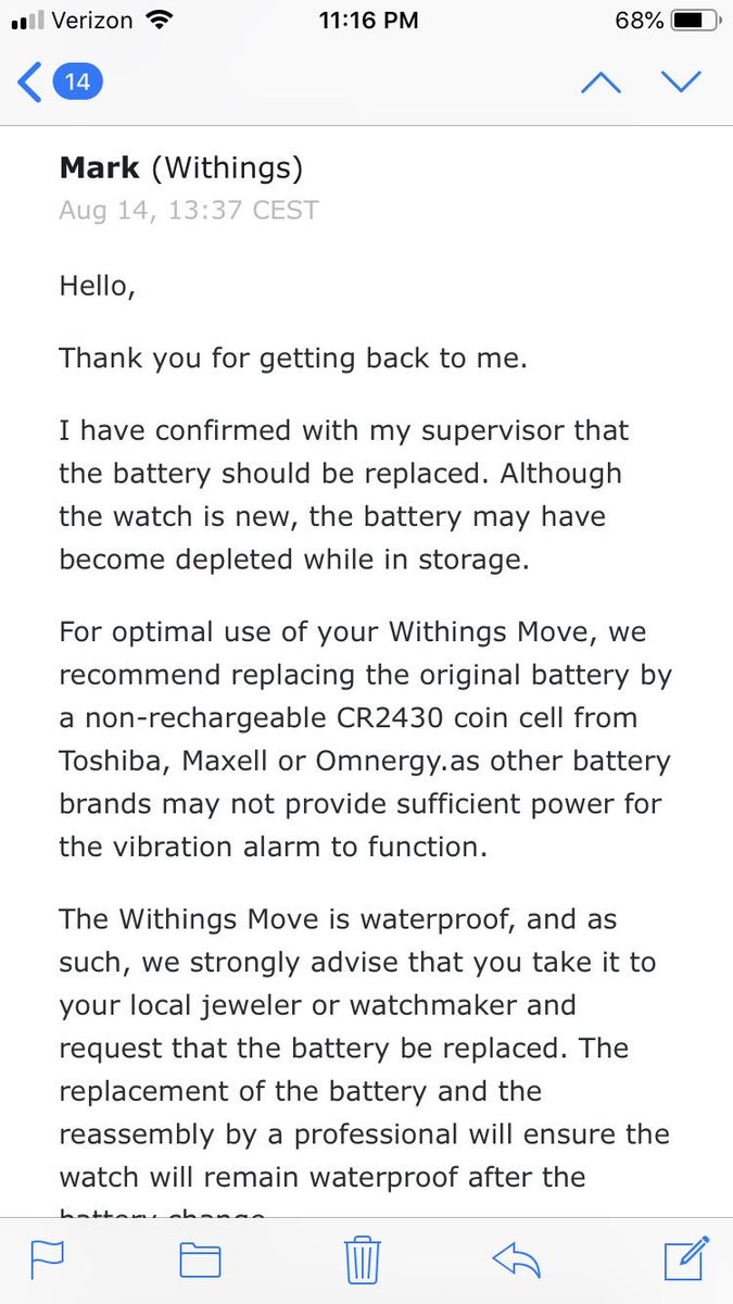 lmancona's tweet photo. @AskWithings @AskWithings the latest response continues to be unacceptable. Screen shot of the statement "battery may have become depleted while in storage". Must be @WithingsEN storage because I used my watch from day 1 when I got it. https://t.co/teSU8tqPkw