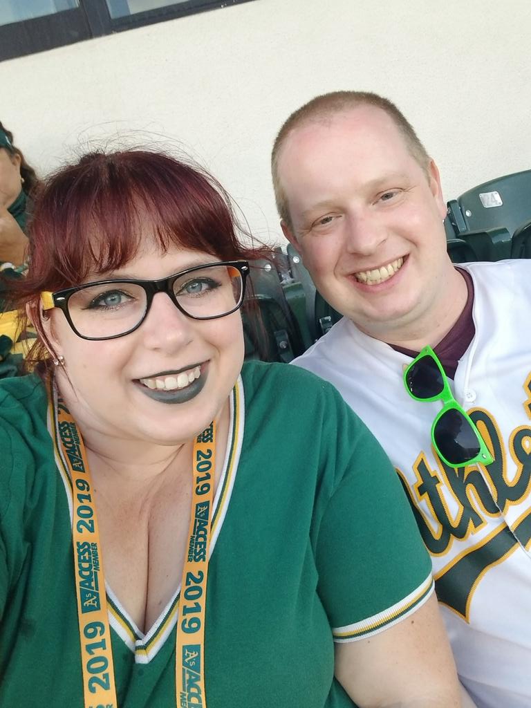 CerraJean's tweet photo. Celebrating our 5th anniversary #atthecoliseum! Tradition says 5th anniversary is wood, so we're expecting the A's to bring the lumber tonight! @Athletics #asaccess #letsgooakland https://t.co/B9Jm74bYcV