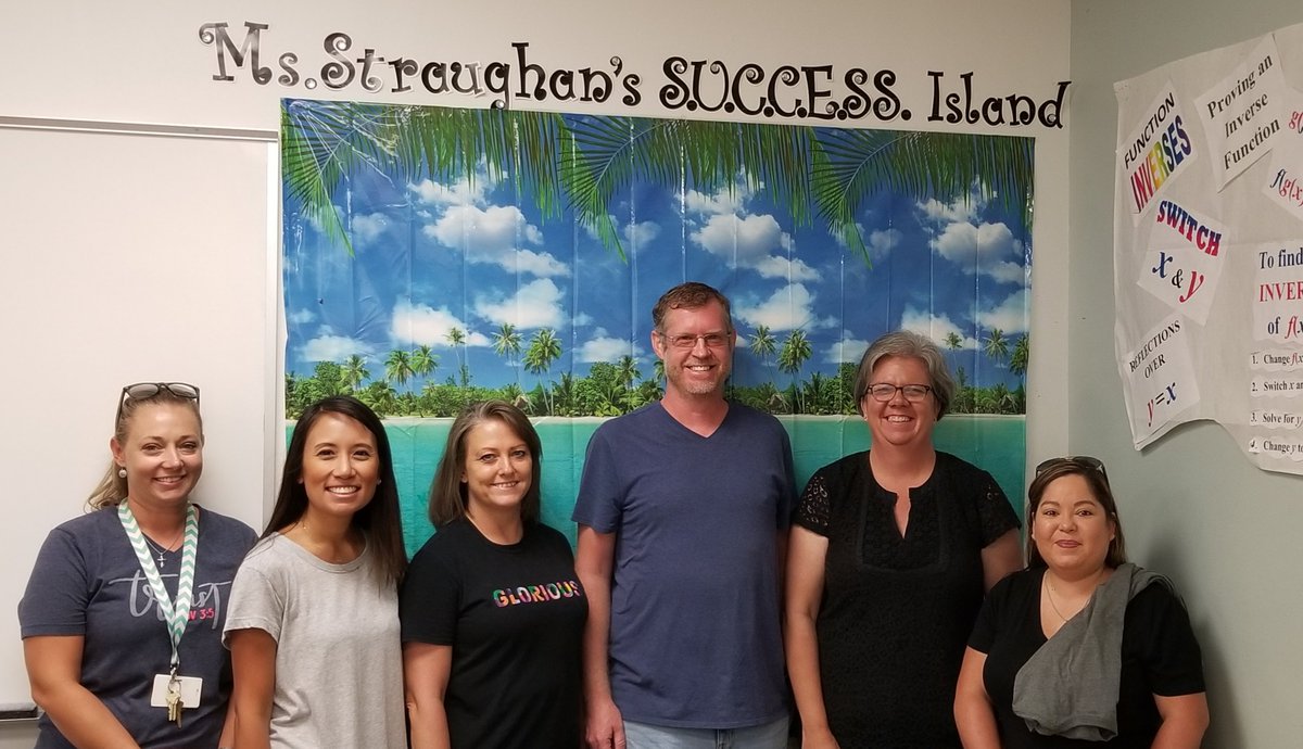 ECHSinCFBISD's tweet photo. @CFBISD The CFB math specialists stopped by to celebrate with our Math Department on Success Island @2t2tl_4ev p. Thanks for the 'Problem Solver' tshirts. 100% AGL and 73% Mastery. #ECHSworkethic #allforOneECHS https://t.co/B5nfSwqhgG