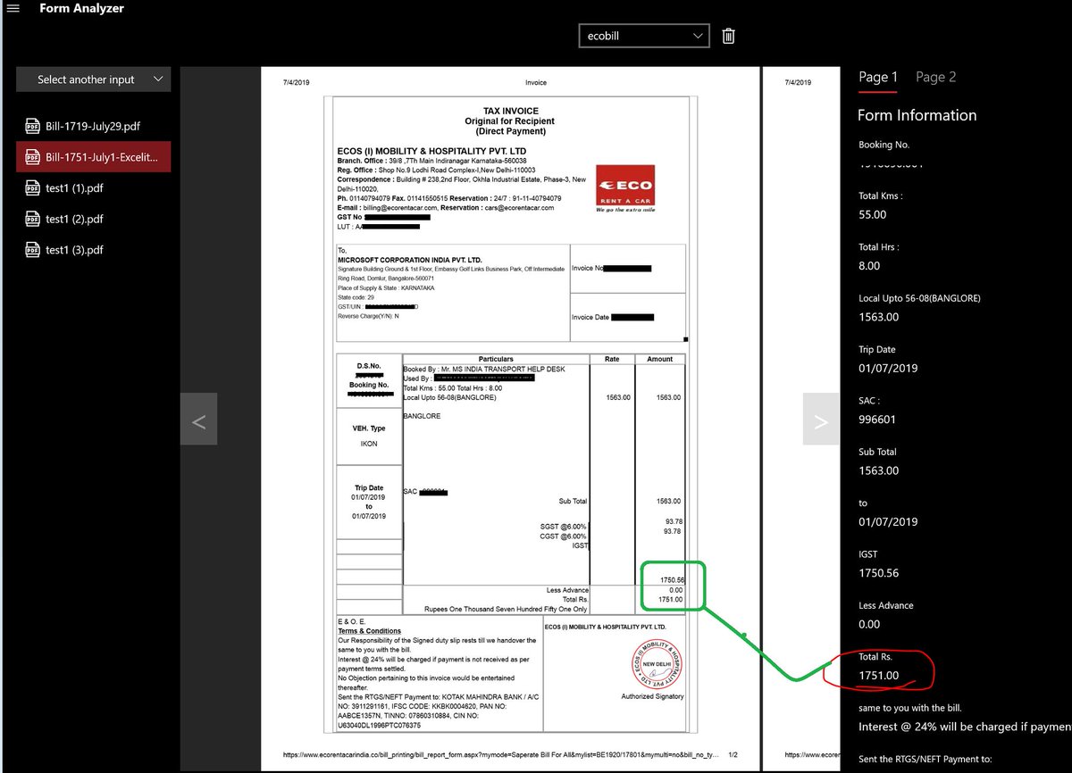 MahesKBlr's tweet image. #Azure #cognitiveservice  #FormRecognizer #rocks Tried my actual official taxi bill after training with 5 pdfs. It worked flawlessly with almost 100% accuracy. #kudos  - Docs here docs.microsoft.com/en-us/azure/co… Now i can&apos;t wait for the complex use cases.. #interestingtime #AI #ML