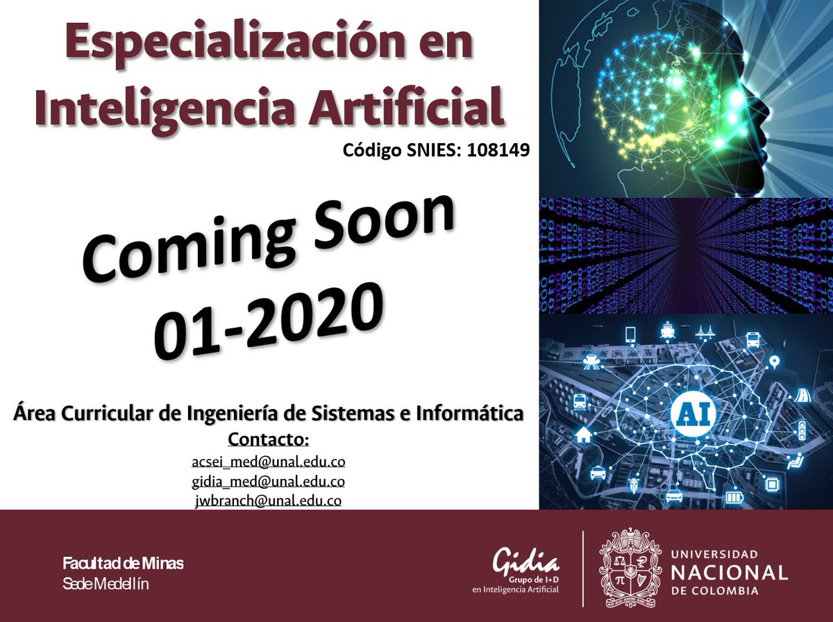 @UNColombia se encuentra en proceso de admisión a Posgrados admisiones.unal.edu.co/posgrado/ y la primera cohorte de la Especialización en Inteligencia Artificial. <a href="/fminas/">Minas Medellín UNAL</a> <a href="/DollyMontoyaUN/">Dolly Montoya C.</a>