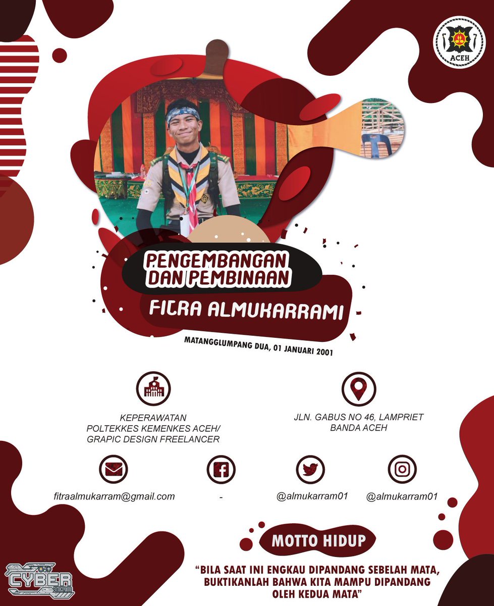 Yeay yuk kita mulai lagi, ini namanya kak Fitra Almukarrami, disapa kak Fitra, kak Fitra sekarang mahasiswa Aktif keperawatan Poltekkes Aceh.

Kak Fitra Adalah anggota Dewan Kerja Daerah Aceh paling Muda lhoo, keahlian kakak ini Desain Mendesain lhoo kakak-kakak.