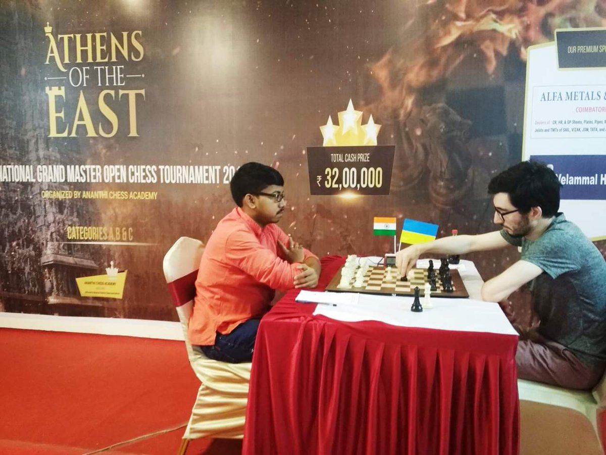 ChessbaseIndia's tweet photo. Pavel Smirnov takes sole lead by beating @iam_abhijeet in the eighth round of Athens of the East International Open 2019.
Details: https://t.co/US5i3UlGuX
#chess #ChessBaseIndia #athensoftheeast #madurai https://t.co/zQf5DxhjGt