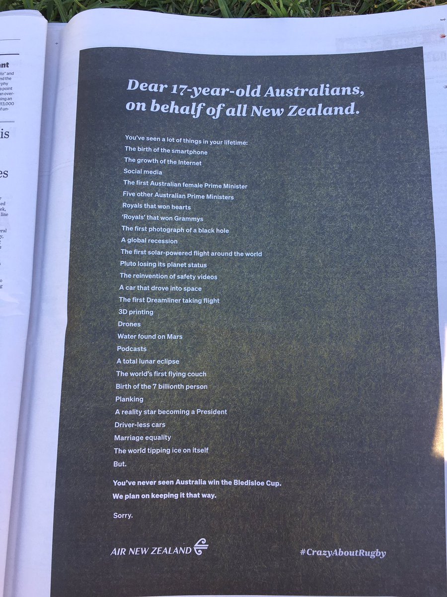 _jdbennett's tweet image. Clever ad in the SMH today. Let’s hope these 17 year-old Aussies can experience something new tonight! #BledisloeCup @airnzaustralia