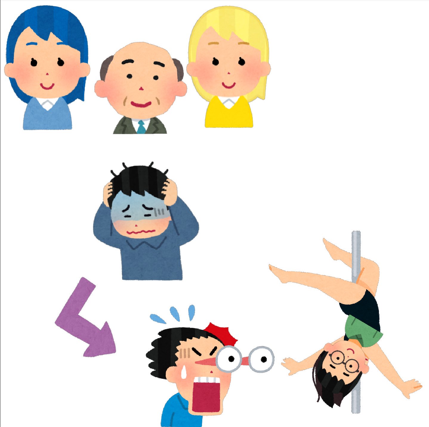 تويتر まいチクをいらすとやで再現 على تويتر Dayukoume 再現難易度 使ったイラスト 8枚 いろいろな髪の色の女の子の イラスト 青 黄色 おじさんの顔のアイコン 頭を抱えて悩んでいる人のイラスト 男性 矢印のイラスト 直角 驚いて目が飛び出る人のイラスト