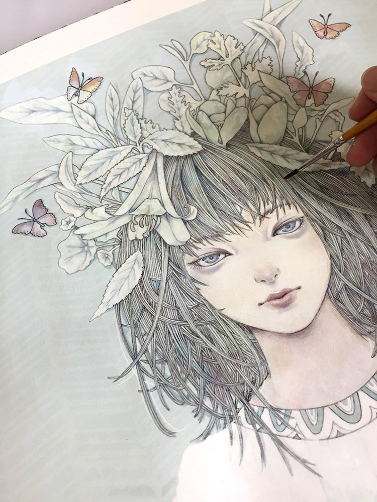 1girl solo bug looking at viewer butterfly leaf portrait  illustration images