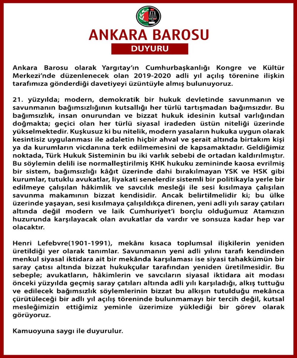 Ankara Barosu olarak Yargıtay’ın Cumhurbaşkanlığı Kongre ve Kültür Merkezi’nde düzenlenecek olan 2019-2020 adli yıl açılış törenine ilişkin tarafımıza gönderdiği davetiyeyi üzüntüyle almış bulunuyoruz.
bit.ly/2Z9qkuj