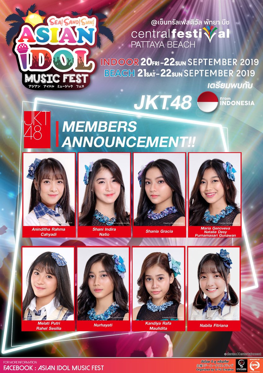 CindviaTHFC's tweet photo. สมาชิก JKT48 ที่จะมาร่วมแสดงในงาน Asian Idol Music Festival 2019 ที่ Central Festival Pattaya วันที่ 20-22 กันยายนนี้

#JKT48
#AIMF2019 https://t.co/i3B1VBEUmX