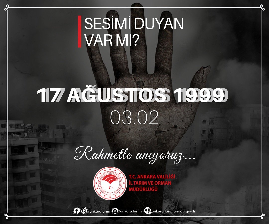 #17Agustos1999 Marmara Depremi'nin 20. yılında hayatını kaybeden vatandaşlarımıza Allah'tan rahmet, yaralananlara şifa, bu acıyla karşı karşıya kalan depremzedelerimize ve ülkemize tekrardan sabır ve başsağlığı diliyorum.

Bülent Korkmaz
İl Müdürü