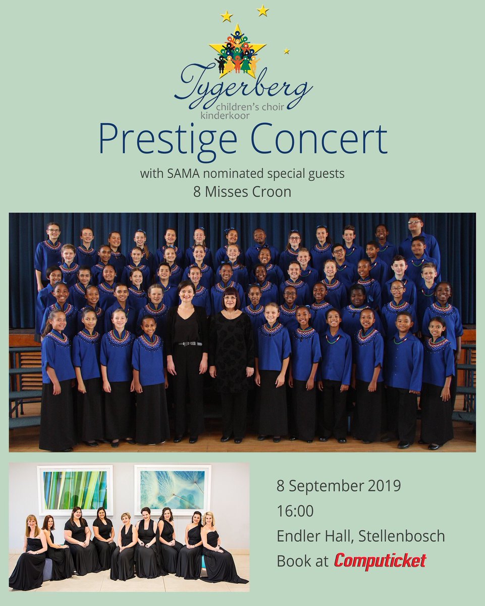 Bookings open for TCC's annual Prestige Concert in the Endler Hall on 8 September. The SAMA nominated a cappella group 8 Misses Croon will be guest artists. A fabulous concert awaits. Book now at Computicket! #tccprestige #choir #stellenbosch #endlerhall