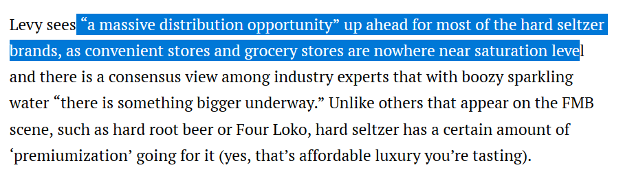 Hard seltzer-$500M market; but grows 190% Y/YRides secular trends: health & sparkle ($FIZZ)One thesis for  $SAM was its culture gave longer leash on new product work vs large CPG who require data 1st (by then it's too late): made Truly & Angry Orchard https://fortune.com/2019/05/31/hard-seltzer-drinks-rose/