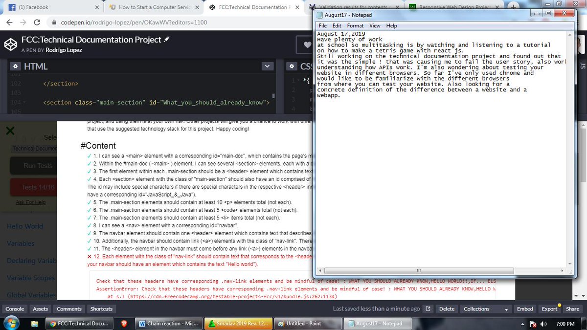 BonzerrLopez's tweet photo. #100daysofcode #R2D14 8/17/19
-Still working on the technical documentation project and found out 
that it was the simple ! that was causing me to fail the user story, 
Finally able to complete the semantics and user stories
requirements. 
https://t.co/ABWQ4nRFTQ https://t.co/RynHLe82QP