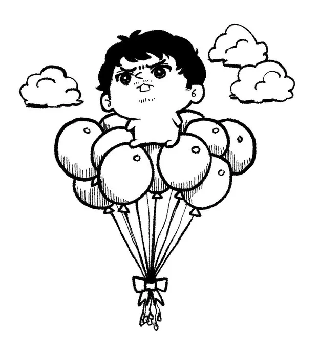 ひげもち描いたらやさぐれ感あったので風船にのせてお空の旅するメルヒェンにした 