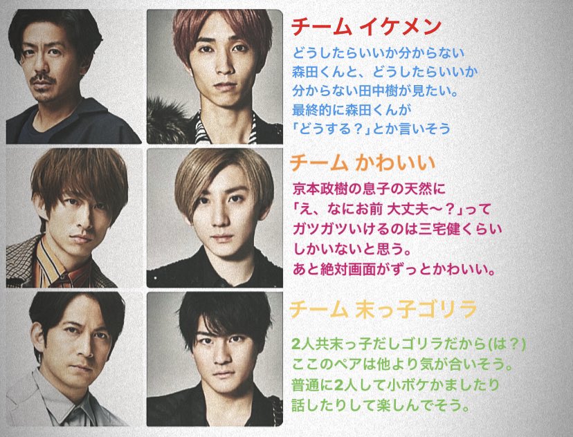 Mille Sixtones デビュー決まったし V6 と特番やらない ペア組んでロケ行って そのvtrをスタジオで皆で見るとかやらない あ ペアはこんな感じでどうですか 一応愛です 坂本昌行 長野博 井ノ原快彦 森田剛 三宅健 岡田准一 髙地優吾 京本