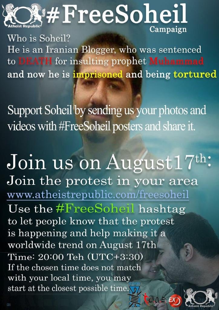 #FreeSoheil 
امروز روز حمایت از  #سهیل_عربی است. روز دادخواهی از احکام ظالمانه ی دین!

شش سال از عمر و جوانی سهیل، در زندان و شکنجه گذشت، چون به باور مسلمانان، بی حرمتی شده!
باید با اینگونه احکام قرون وسطایی، مقابله کنیم.

طوفان توییتری، امروز ساعت ۸ شب، به وقت ایران.