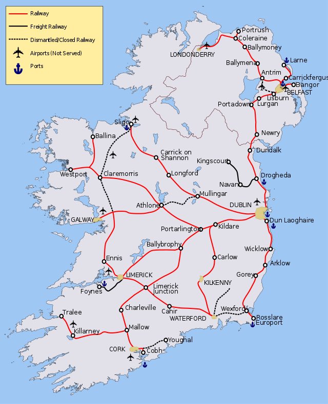 OsborneTweets's tweet photo. A map of the train network on the island of Ireland. Can anyone spot a gap? https://t.co/B6YTw9wO6E