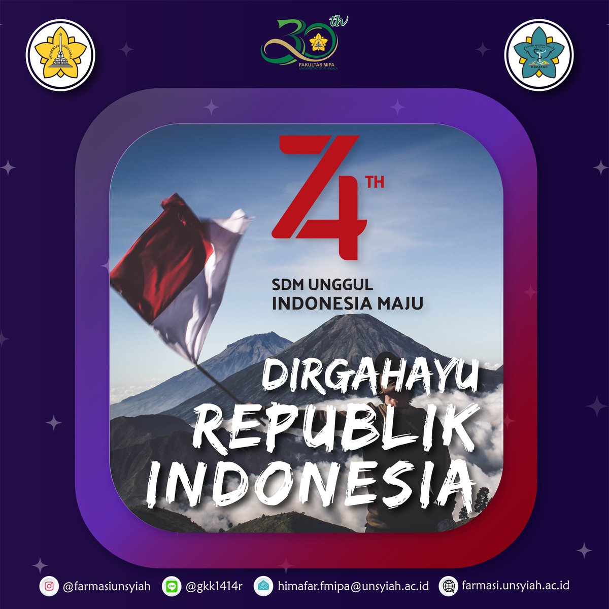 Dirgahayu Negara Kesatuan Republik Indonesia. 74 tahun kemerdekaan, mari persiapkan SDM yang unggul dan kompeten demi terwujudnya cita-cita bangsa yang termaktub dalam pembukaan UUD 1945. 

Masa depan bangsa berada di tangan pemuda.
Hidup Indonesia, Hidup Mahasiswa!
#Indonesia74
