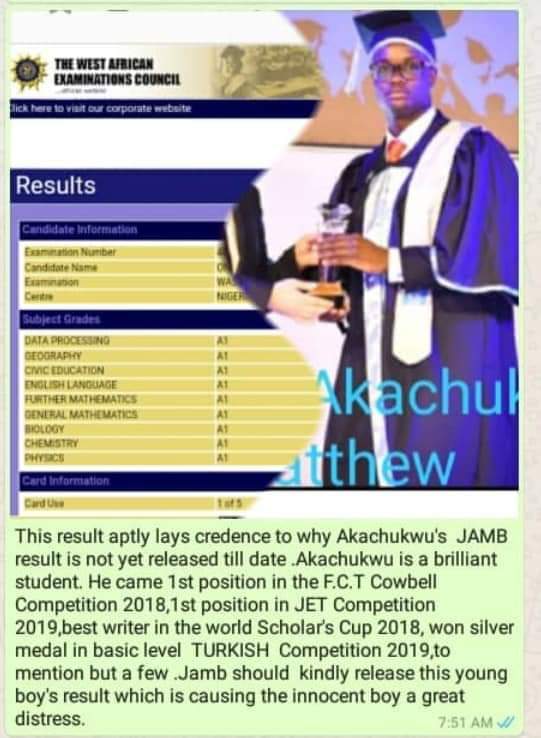 ChynedOfficial's tweet photo. Onyiuke Akachukwu Matthew is a genius and should be encouraged &amp; honoured not discouraged.
Please can someone tell .@JAMBHQ to do the needful here by saving us some national embarrassment by releasing his results. See his records
.@segalink .@matthewamad .@realFFK .@Twitter https://t.co/Kkvm0zCGVM