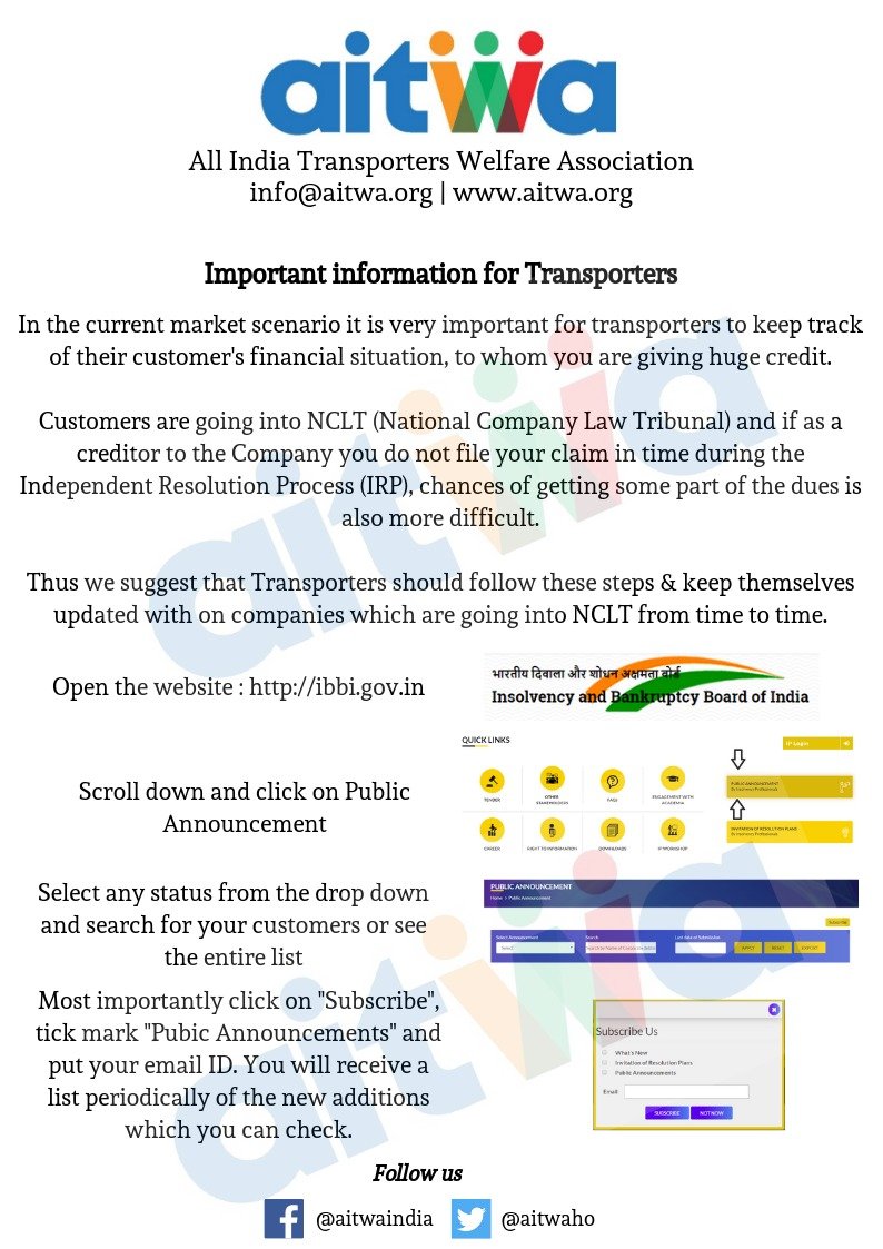 aitwa's tweet photo. Important Information for Transporters, companies going to NCLT be vigilant about our overdue.
#Transport
#Logistics
#Overdues #NCLT https://t.co/Yjo5DK5AeL