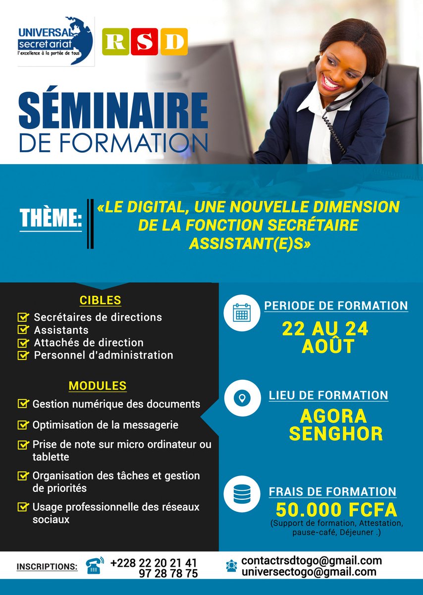 auboulotmag's tweet photo. UNIVERSAL SECRÉTARIAT en collaboration avec RSD, organise un séminaire de formation sous le thème : « Le digital, une nouvelle dimension de la fonction secrétaires assistant(e)s ».
https://t.co/h2BveZmHCg
#Secrétariat #Formation #Digital #AssistantdeDirection #AuBoulot https://t.co/L8mfOjRd1p