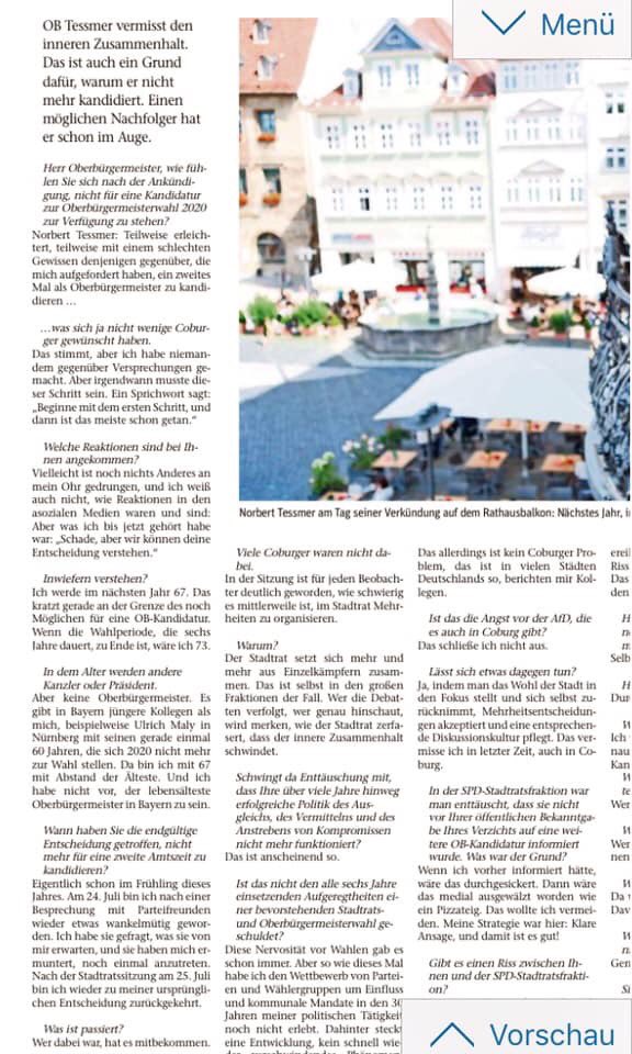 CoburgSpd's tweet photo. In der Neuen Presse Coburg: Ein Interview zu den Beweggründen unseres OB Norbert Tessmer. https://t.co/hpG3ZHt7fc