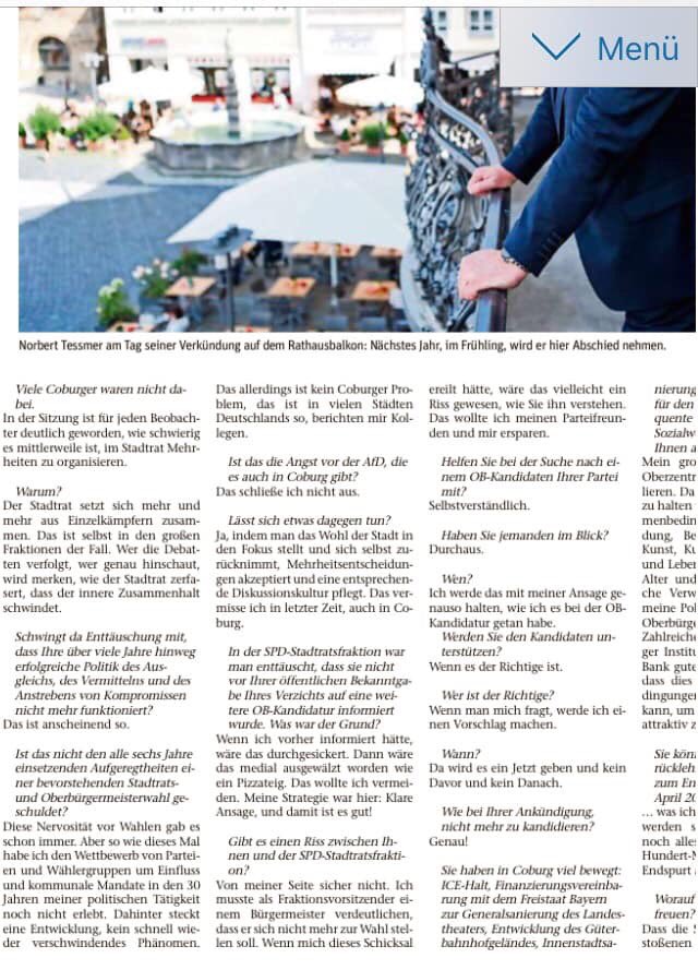CoburgSpd's tweet photo. In der Neuen Presse Coburg: Ein Interview zu den Beweggründen unseres OB Norbert Tessmer. https://t.co/hpG3ZHt7fc