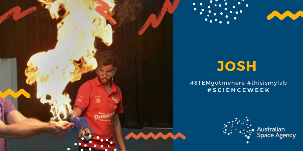AusSpaceAgency's tweet photo. As a Zoologist, Josh swam with sharks and turtles on the Great Barrier Reef. As a Science Communicator, he gave classroom science shows and engineering workshops around Australia with @Questacon. Now he helps coordinate the Space Agency’s events. #STEMgotmehere #ScienceWeek https://t.co/pIBcPgYoAZ
