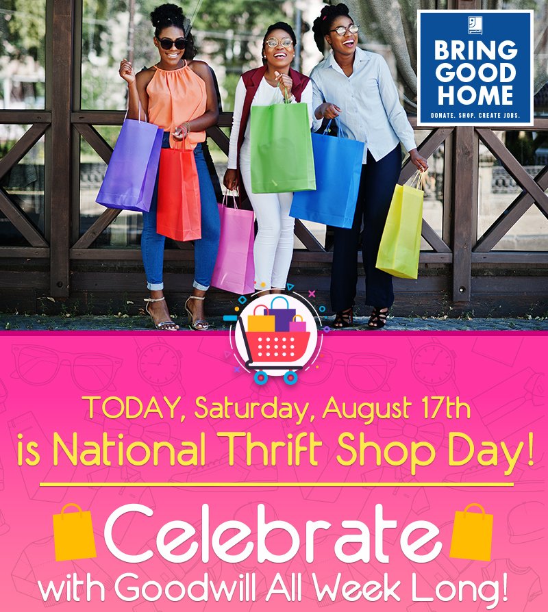 goodwillde's tweet photo. Today, Saturday, August 17th, is National Thrift Shop Day! Celebrate by shopping at your local Goodwill!
Visit us @GoodwillDE on Facebook, Instagram or Twitter to show #GoodwillDE your best #GoodwillFinds on #NationalThriftShopDay https://t.co/6h1pJX1Aal