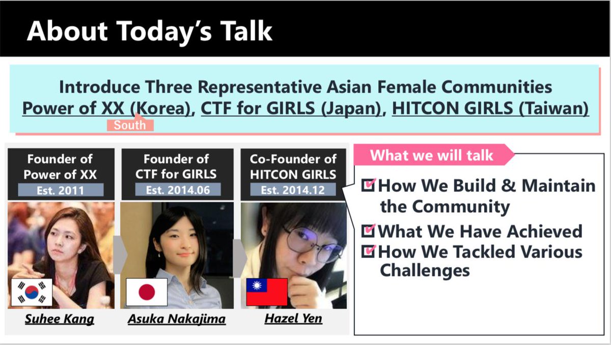 hitcongirls's tweet photo. We have finished the talk in BlackHat 2019 USA:"Building Infosec Communities for Women". If any of you are interested, feel free to talk to us!

#BHUSA 
Asuka Nakajima | #CTFforGIRLS @ctf4g 
Suhee Kang | #PowerofXX @POC_Crew
Hazel Yen | #HITCONGIRLS @hitcongirls https://t.co/Qcw9HnSCBj