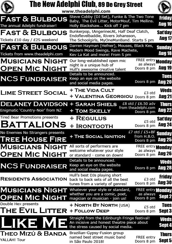 TheAdelphiClub's tweet photo. Here’s what's coming up at The Adelphi - Fast &amp; Bulbous continues over the weekend, with lots more to follow! For more details go here: https://t.co/y8haKavzPS or here: https://t.co/2dgPTLgsGl 
#Hull #livmusic @livemusicinhull @gr8musicvenues @LocalSoundFocus @HullSound https://t.co/EVBI43XG1v