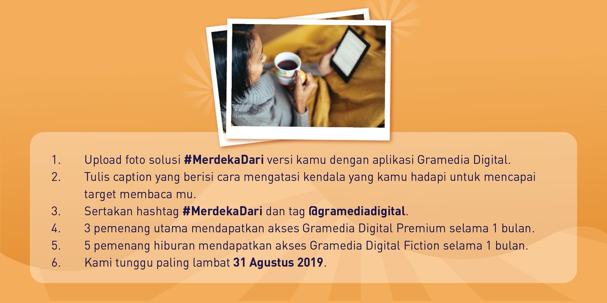 Di hari kemerdekaan ini, kami mengajak kamu untuk #MerdekaDari berbagai alasan yang membuat kamu kurang membaca buku. Cerita terbaik akan mendapat kesempatan membaca puluhan ribu buku secara gratis selama satu bulan. Geser untuk lihat caranya buat ikutan!