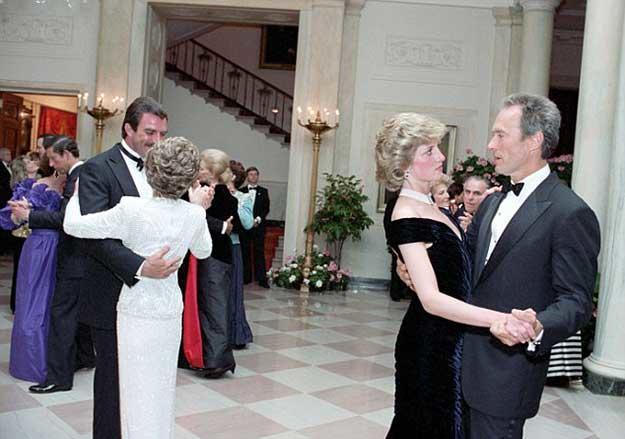 kenradio's tweet photo. Tom Selleck dancing with Nancy Reagan and Clint Eastwood dancing with Princess Diana at the White House in 1985. https://t.co/fFY14719xN