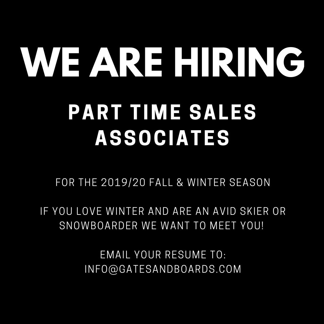 gatesandboards's tweet photo. We are hiring part time sales associates for the 2019/20 Fall and Winter Season! If you love skiing and/or snowboarding and want to work at an awesome shop please email your resume to info@gatesandboards.com We can't wait to meet you! 🏂⛷️ https://t.co/vYX9XpaLmB