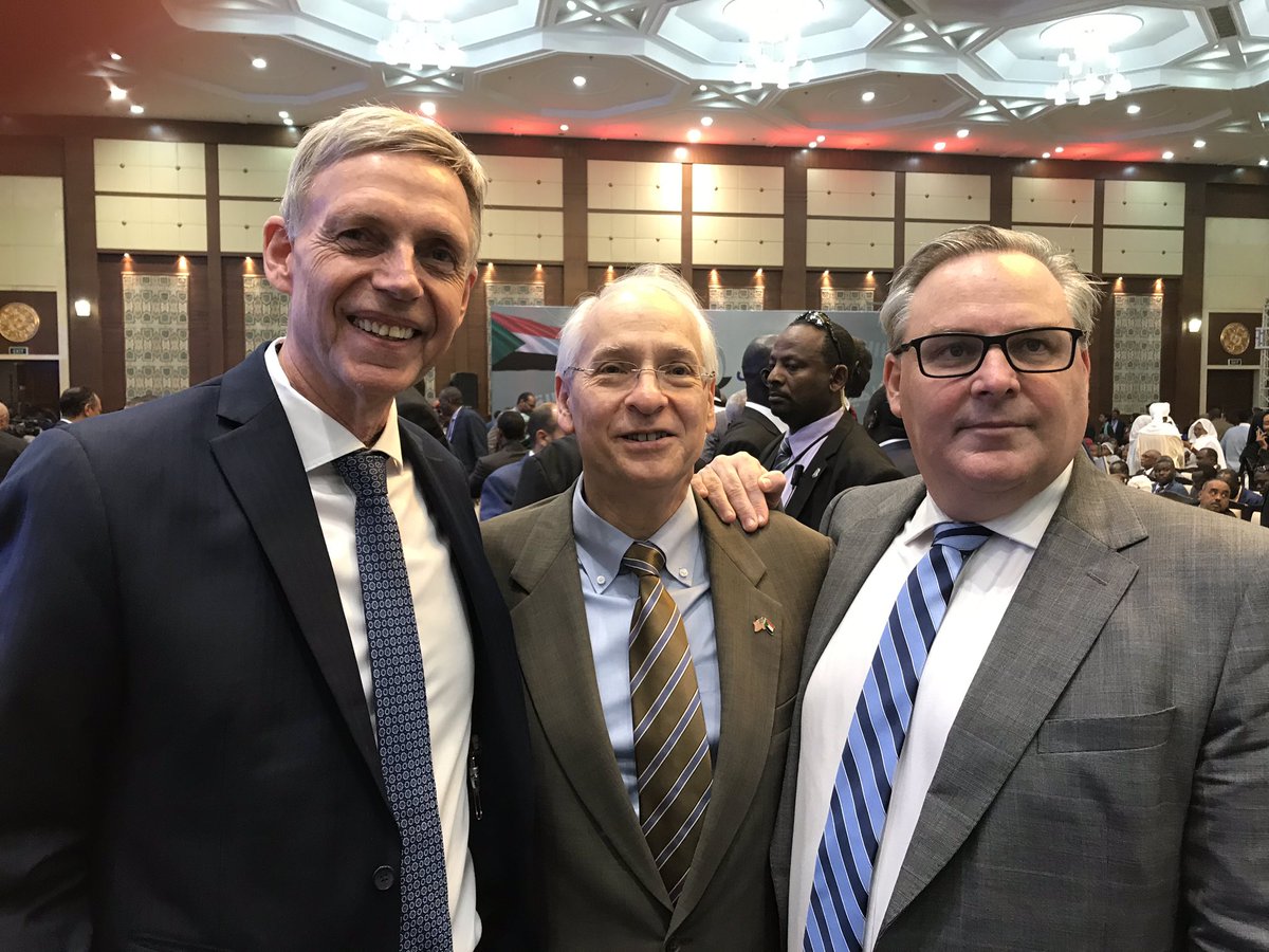 RobertF40396660's tweet photo. An honour and a privilege to be back in #Sudan. A historic day for the people of Sudan as they start the transition to the civilian government they have called for and deserve. Great to share this day with my Troika Envoy colleagues 😁 https://t.co/QyC3uua671