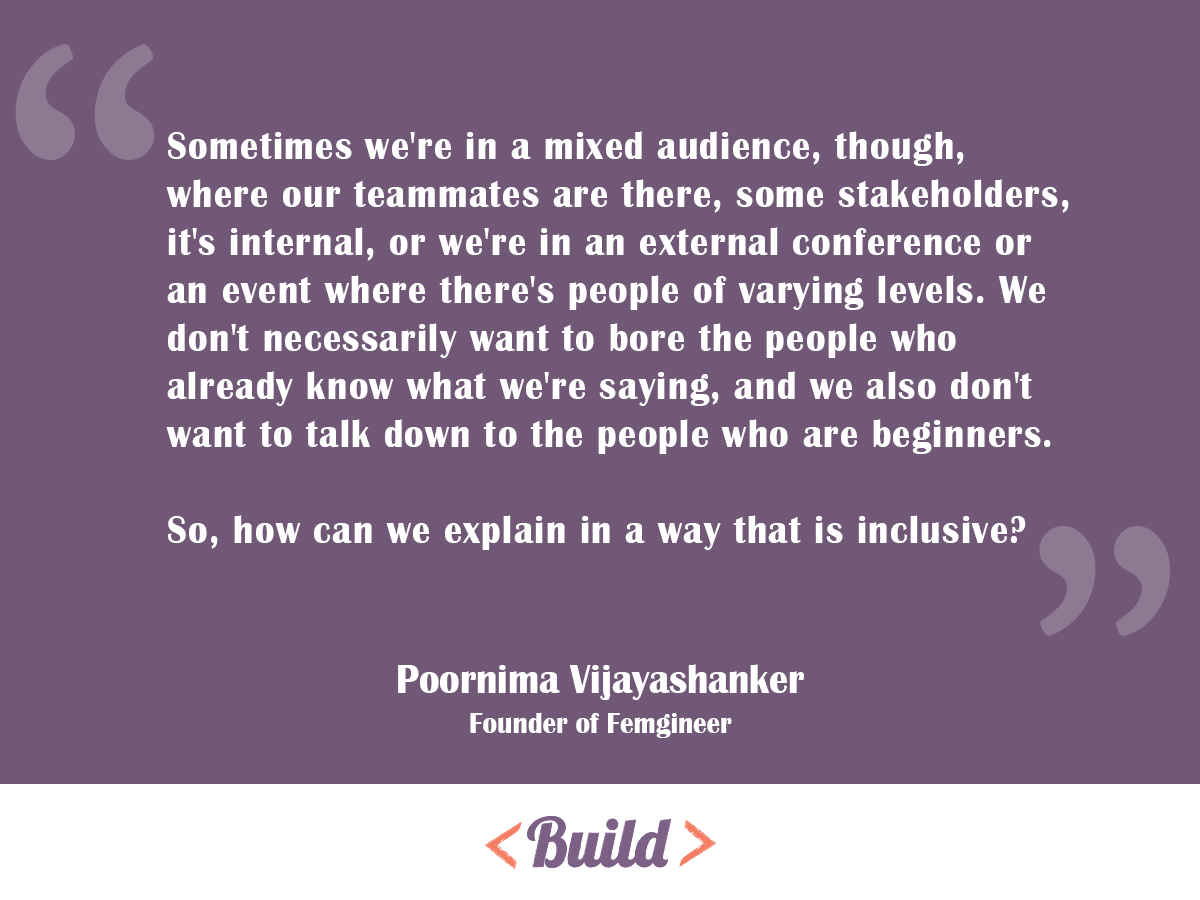femgineer's tweet photo. "Sometimes we're in a mixed audience... We don't necessarily want to bore the people who already know what we're saying, and we also don't want to talk down to the people who are beginners." @annejanzer  https://t.co/hggxHTYS2G #publicspeaking #technicaltalk https://t.co/ODBBWscoU3