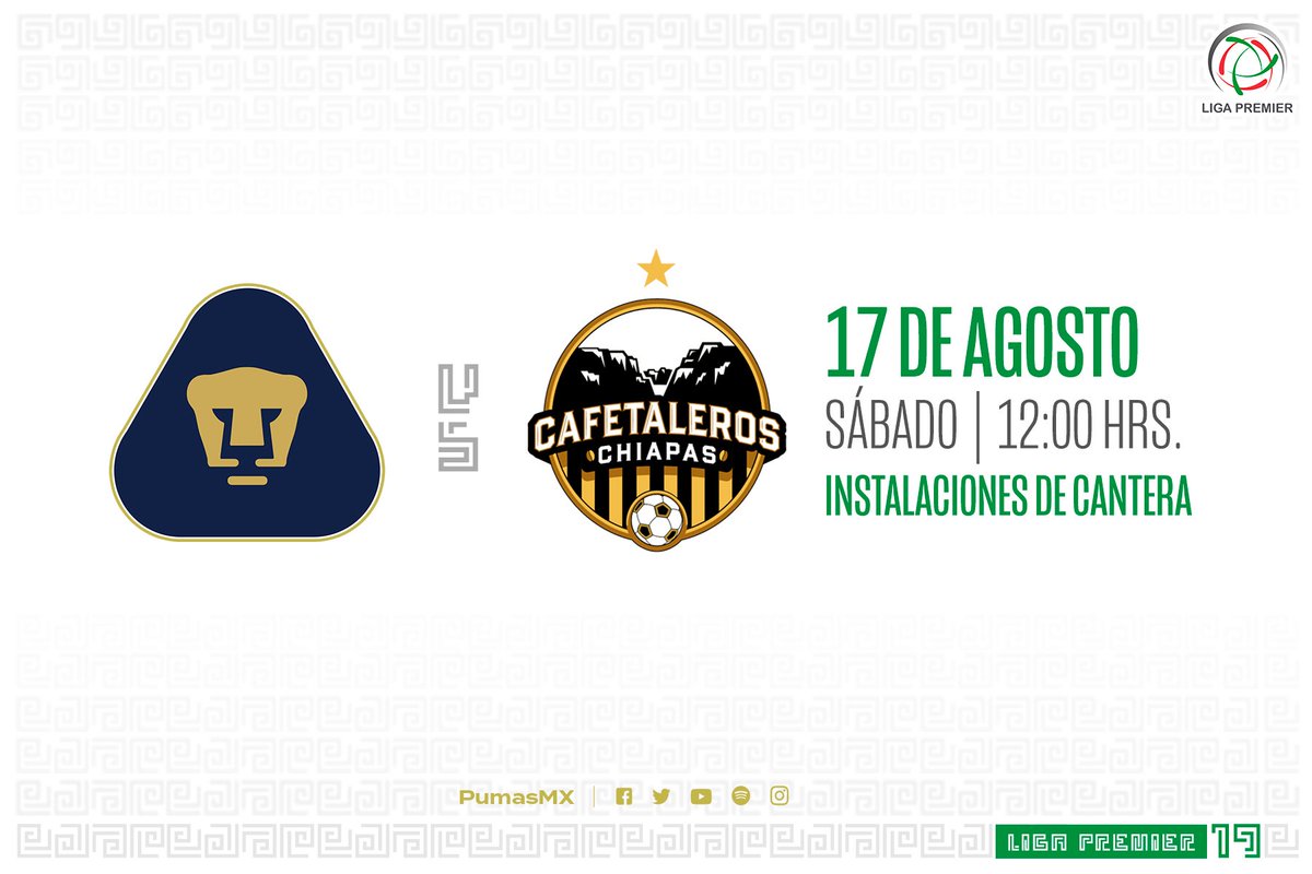 PumasMX's tweet photo. Hoy comienza la actividad de nuestros Pumas en la @LigaPremier_FMF. Los actuales campeones del certamen de filiales recibirán a los @Cafetaleros_Ch en la Cantera.

¡Vamos por otra temporada exitosa, auriazules!

#VengaCantera #SoyDePumas https://t.co/4feWyO58Bn