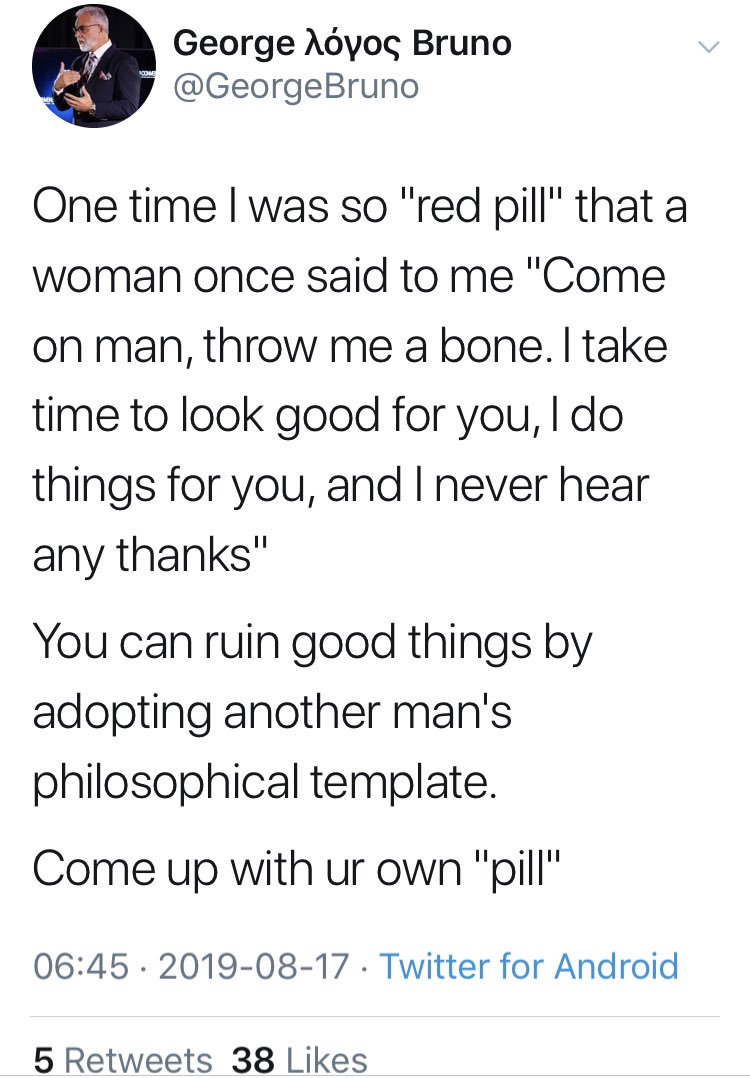 Clearly he never understood red pill awareness nor applied game (mastery) properly. He’s too far gone and just a follower of men not a leader, clearly. <a href="/RationalMale/">Rollo Tomassi</a> <a href="/BrotherMorpheus/">Brother Morpheus</a>