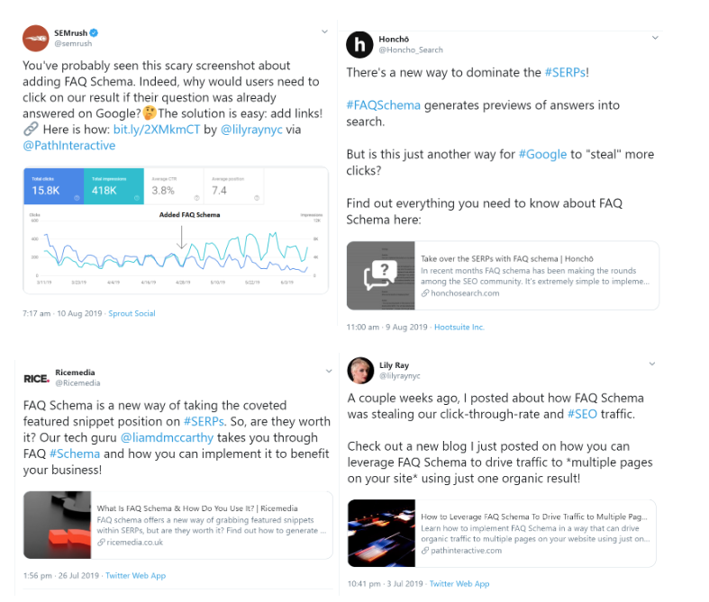 CyrusShepard's tweet photo. Q: Does winning FAQ snippets improve or lower click-through rates?

Adding FAQ Schema resulted in "uplifts in traffic to commercial pages ranging from 3% to 8%"

(I suspect pushing down the traffic of other results)
 
Good data/observations via @distilled  https://t.co/76w8Z0q2H4 https://t.co/amUYVChvQZ