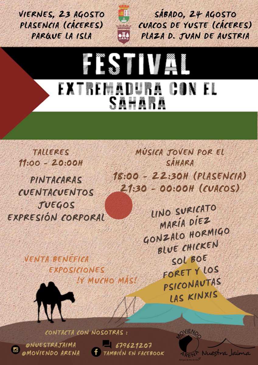 MoviendoArena's tweet photo. Aquí el primer festivalino en el Norte de Extremadura🍃: Plasencia el viernes 23 y Cuacos de Yuste el sábado 24 de agosto.

Se destruyó el tejado de nuestra casa de madres en los campamentos de refugiados y este proyecto es para su reconstrucción🍃

#Moviendoarena
#NuestraJaima https://t.co/6bbVRHR1e6