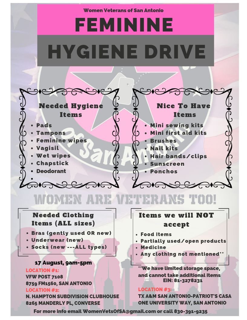 WomenVetsOfSA's tweet photo. #joinWVSA today for our annual Feminine Hygiene Drive!
We will be at 3 locations at the same time: 9am-5pm.
Here is the flyer for your use/information.
#TheHomelessPeriod #WomenAreVeteransToo #StrongerTogether #WVSAsisterhood #CommunityConnection https://t.co/1of6UFAhvu